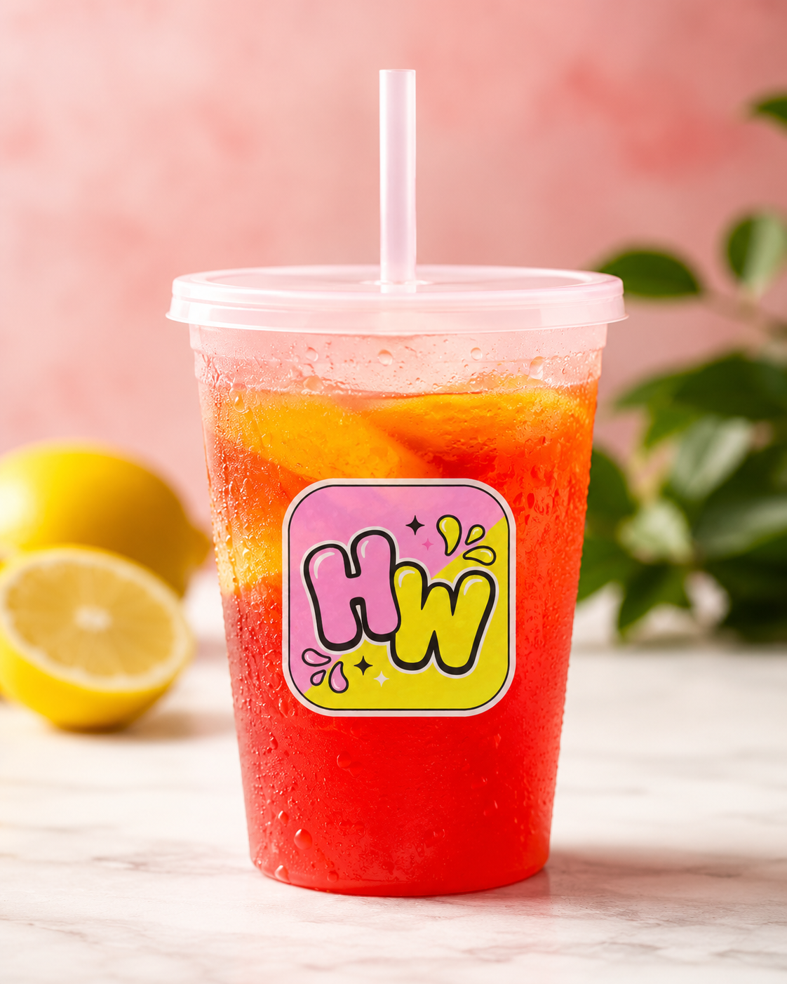 HARLYM WORLD raspberry lemonade in a branded clear cup with fresh lemon